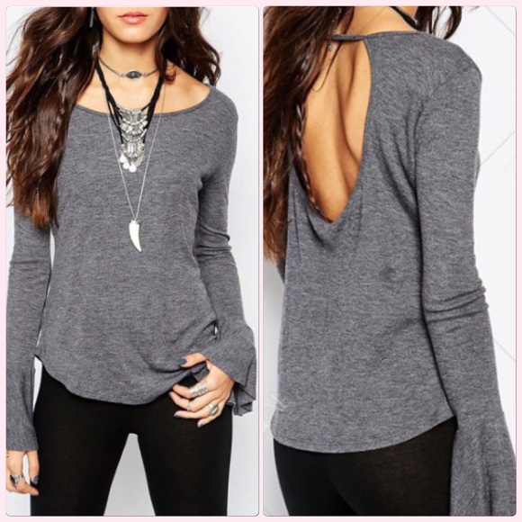 NWT Gray Boho Bell Sleeve Open Back Tee - Picture 2 of 7